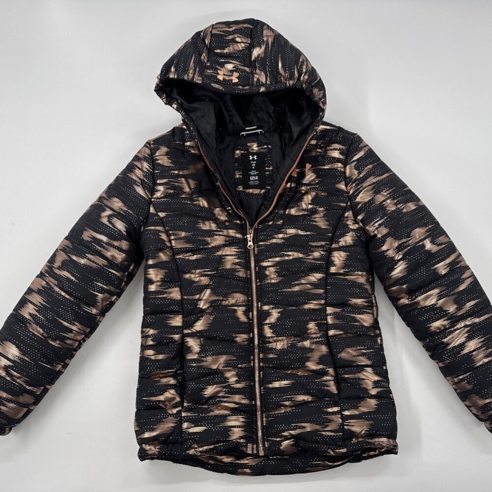 Under Armour Girls Hooded Coat Puffer Youth Large Storm Black Rose Gold Winter